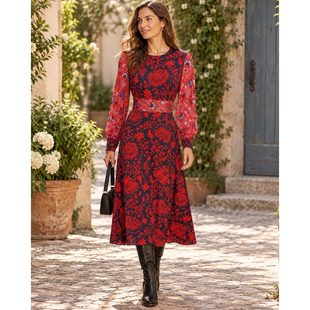 Boden Dress US 4R NWT Red Navy Floral EcoVero Midi Long Sleeve Boho